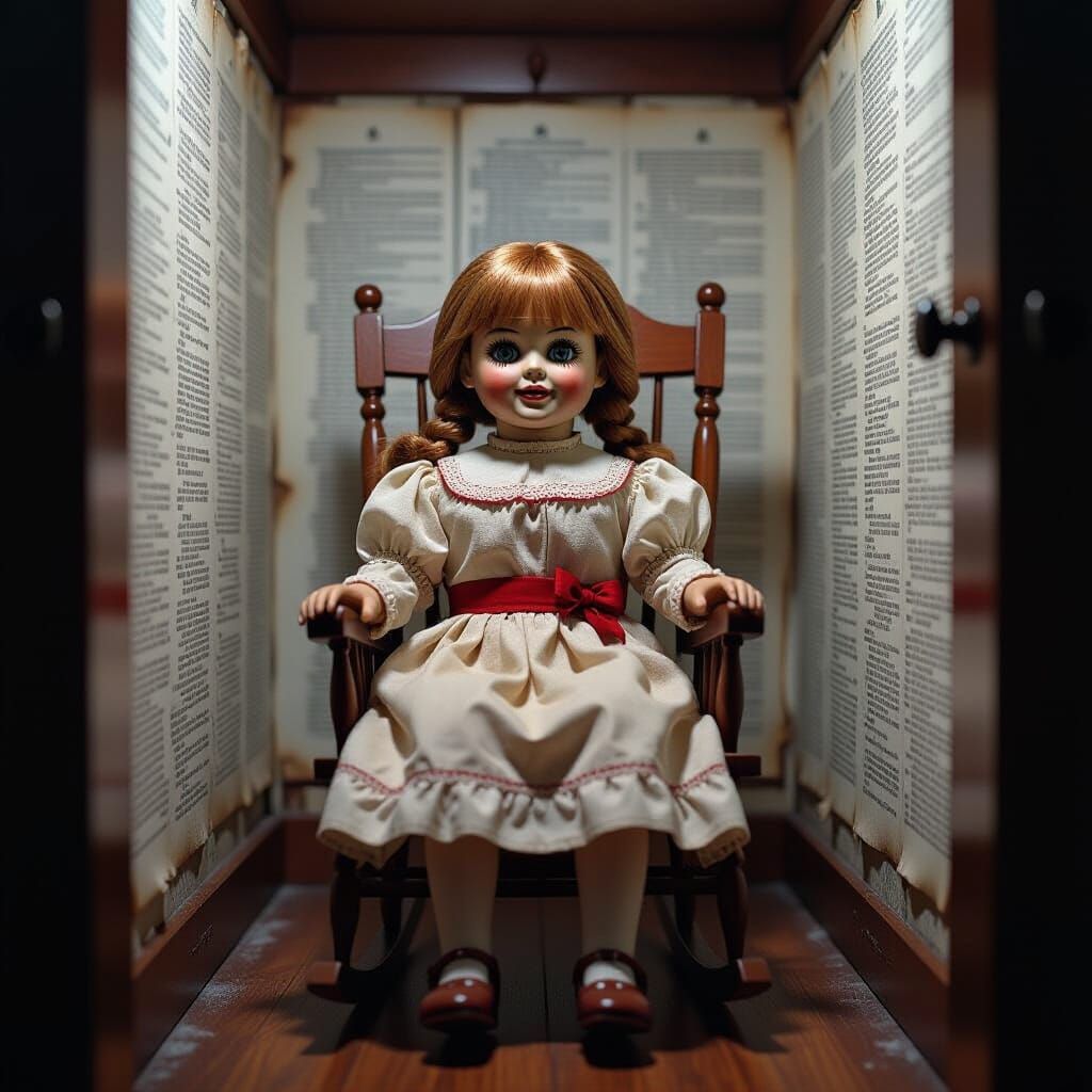 Annabelle Doll in Bible-Lined Closet, Dramatic Lighting