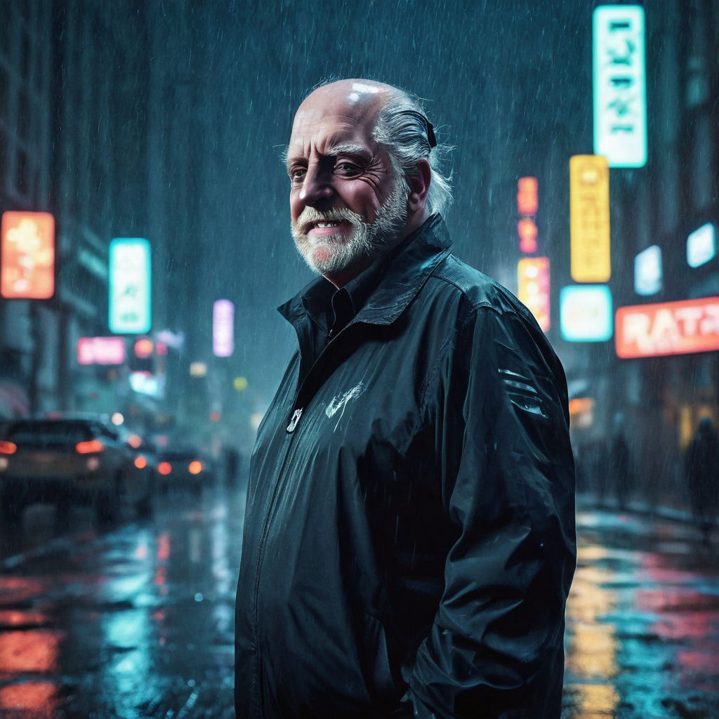 a cyberpunk sci-fi protagonist in a cyberpunk city on rainin...