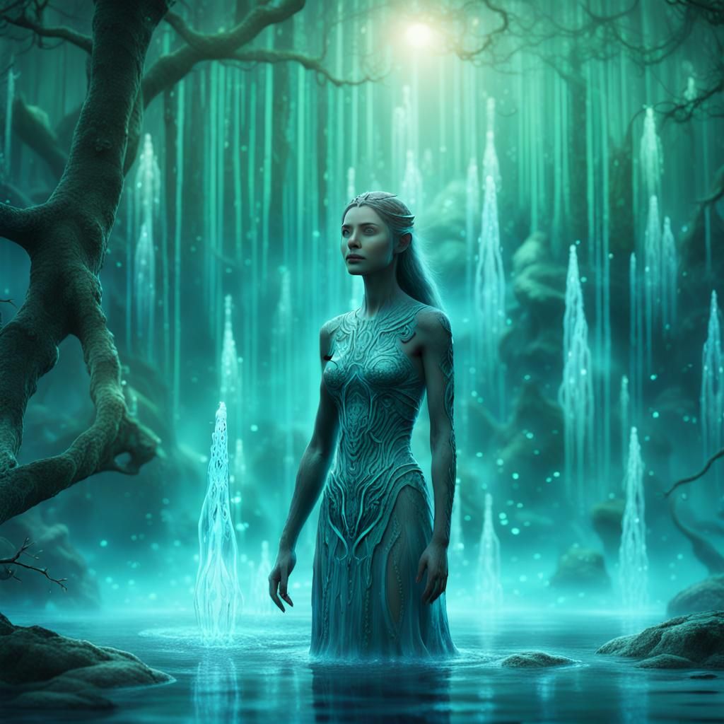 Mystical Water Elemental in Bioluminescent Forest