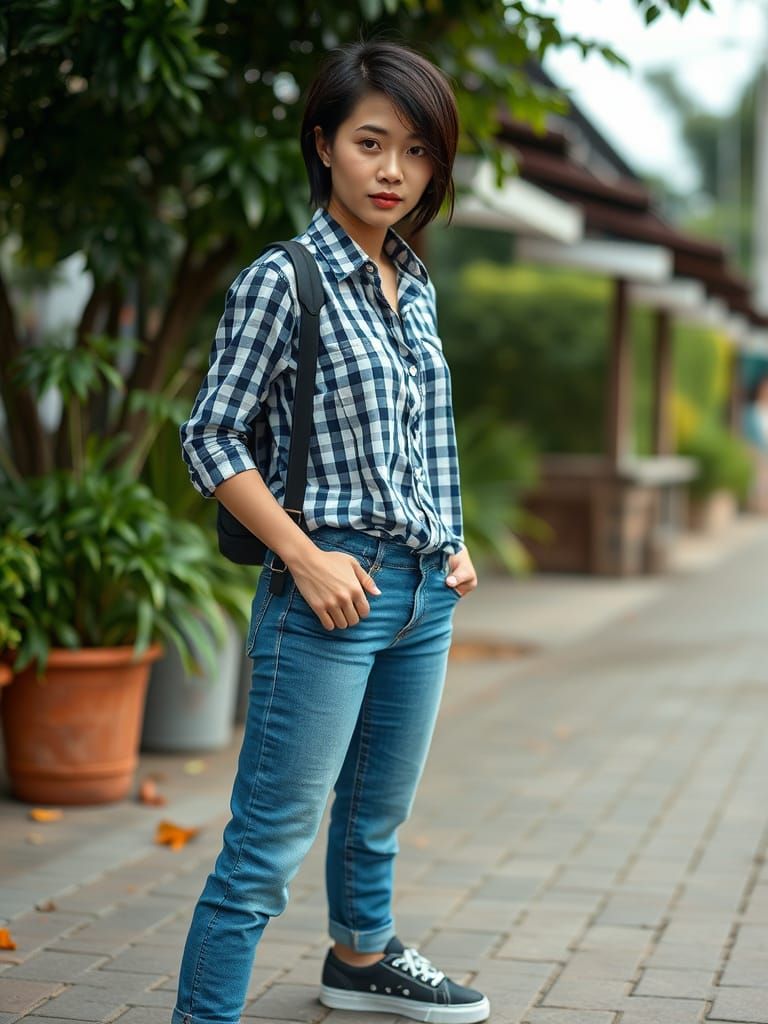 Hyperrealistic Image of Woman in Gingham Shirt