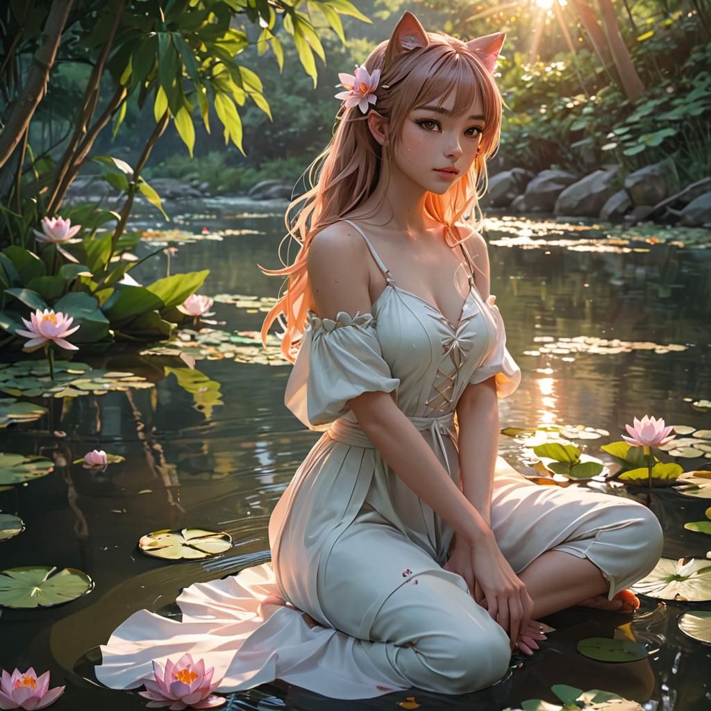 Catgirl Relaxing by River in 3D Anime Art
