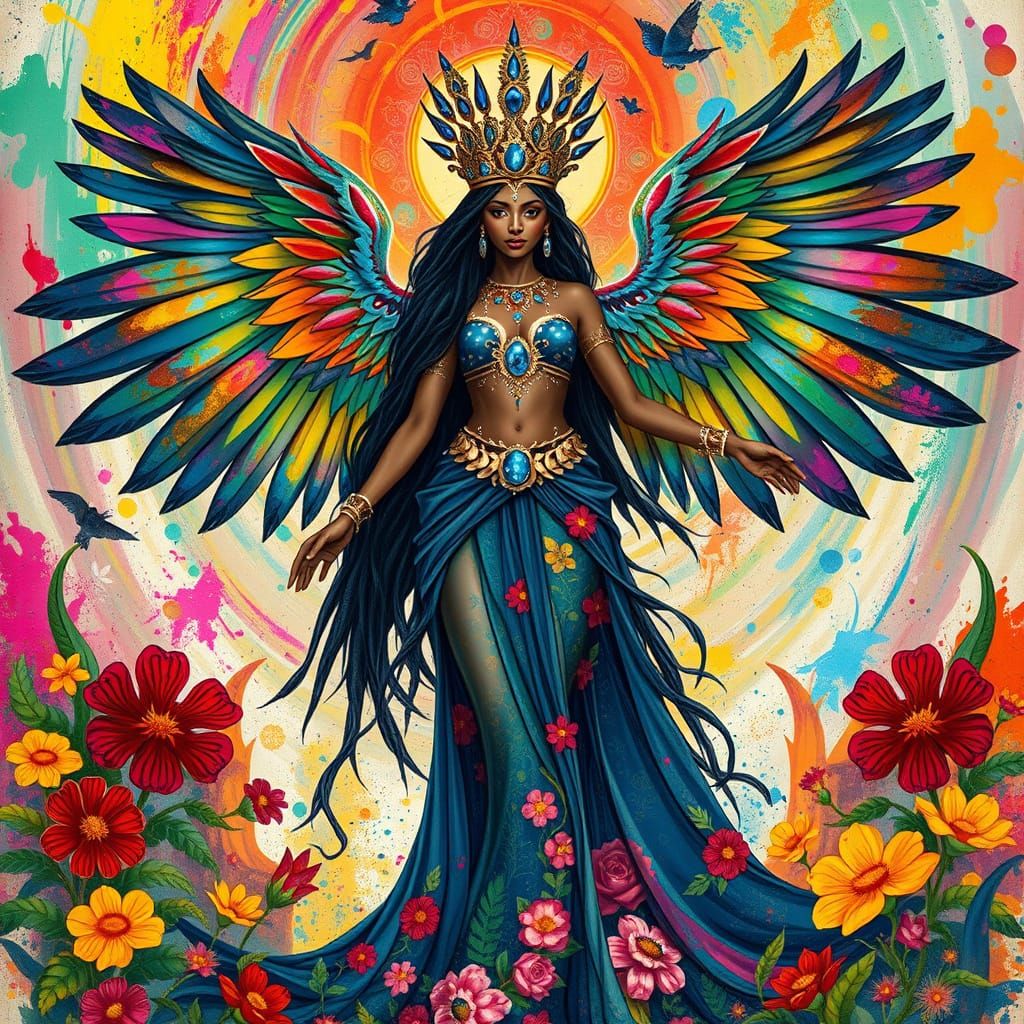Majestic Queen Ishtar in Vibrant Art Nouveau Style
