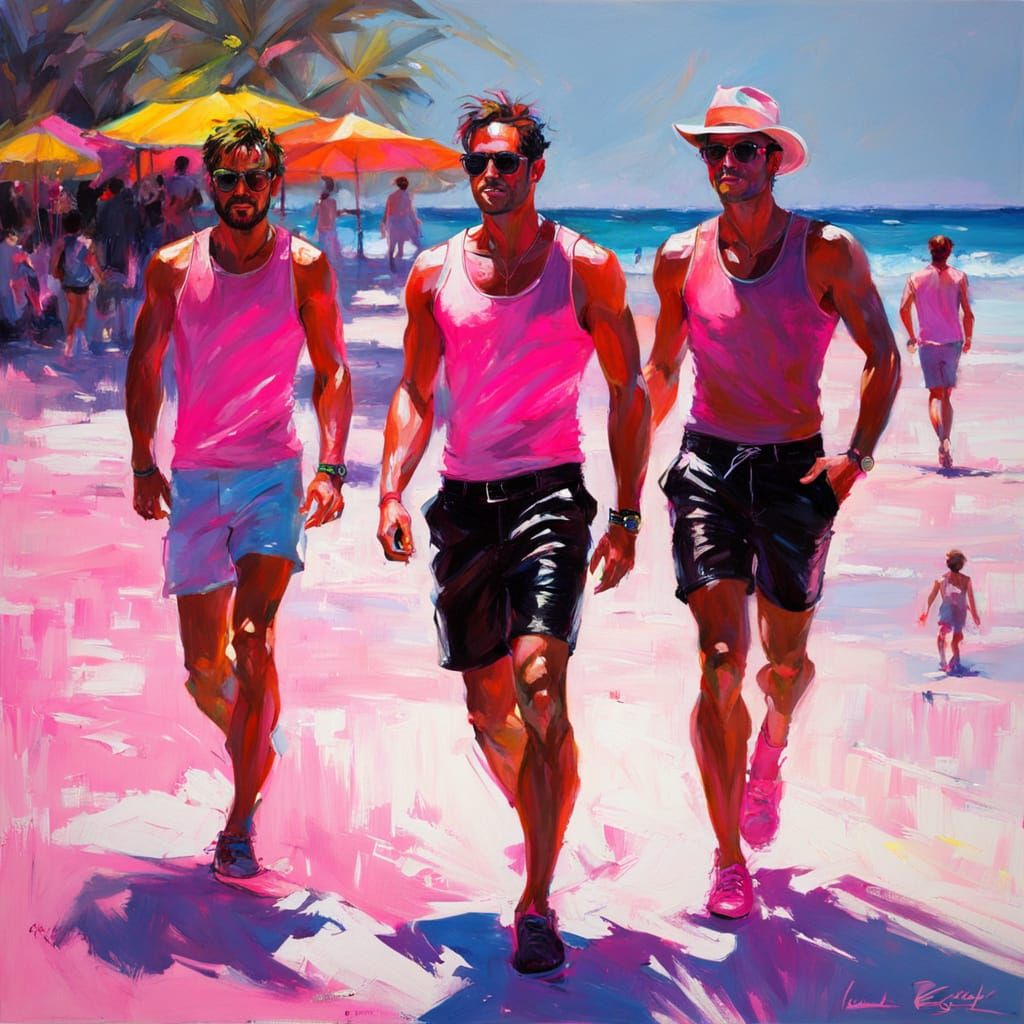Three Men on a Neon Beach in Blacklight