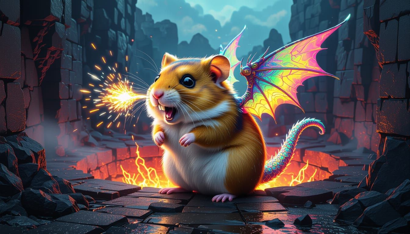 Dragon-Winged Hamster Sneezes Fire Sparks in Neon Crater
