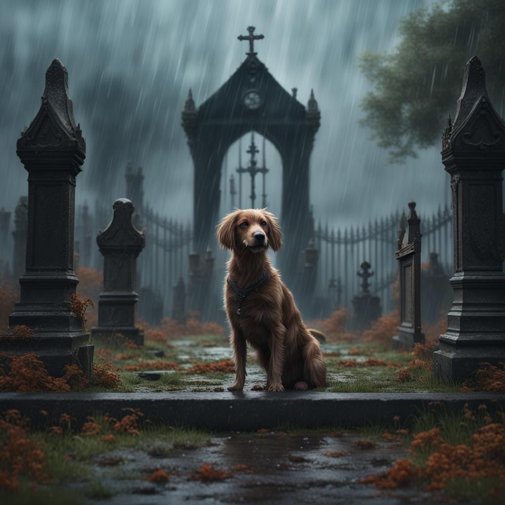 Dog in Rainy Graveyard: Detailed Matte Painting