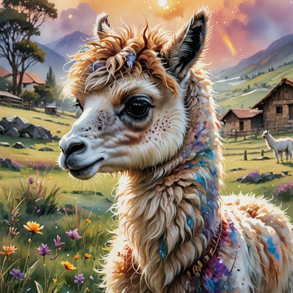 Chibi Llama in Peruvian Pasture, Digital Watercolor