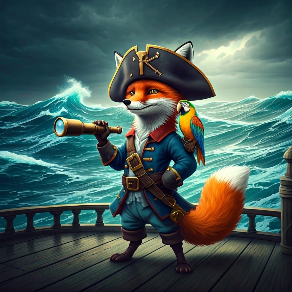 Mysterious Fox Pirate Embarks on Stormy Seas in Whimsical Il...