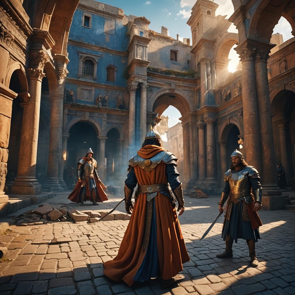 Wizard and King Fight in Roman Square