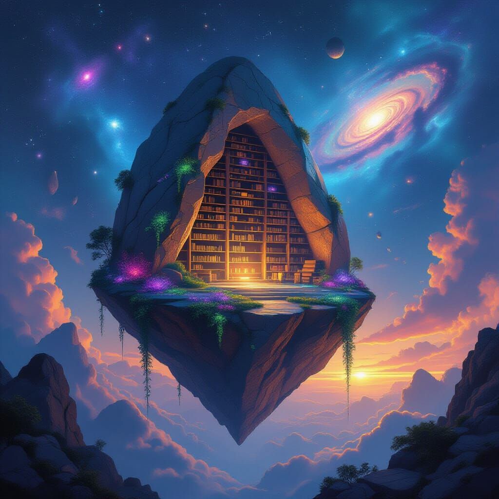 Ancient Library in Floating Geode Amidst Cosmic Nebulae