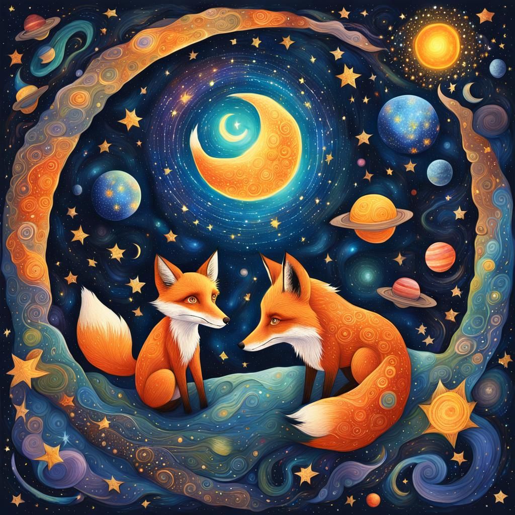 Little Prince and Fox in Cosmic Mixed Media Art