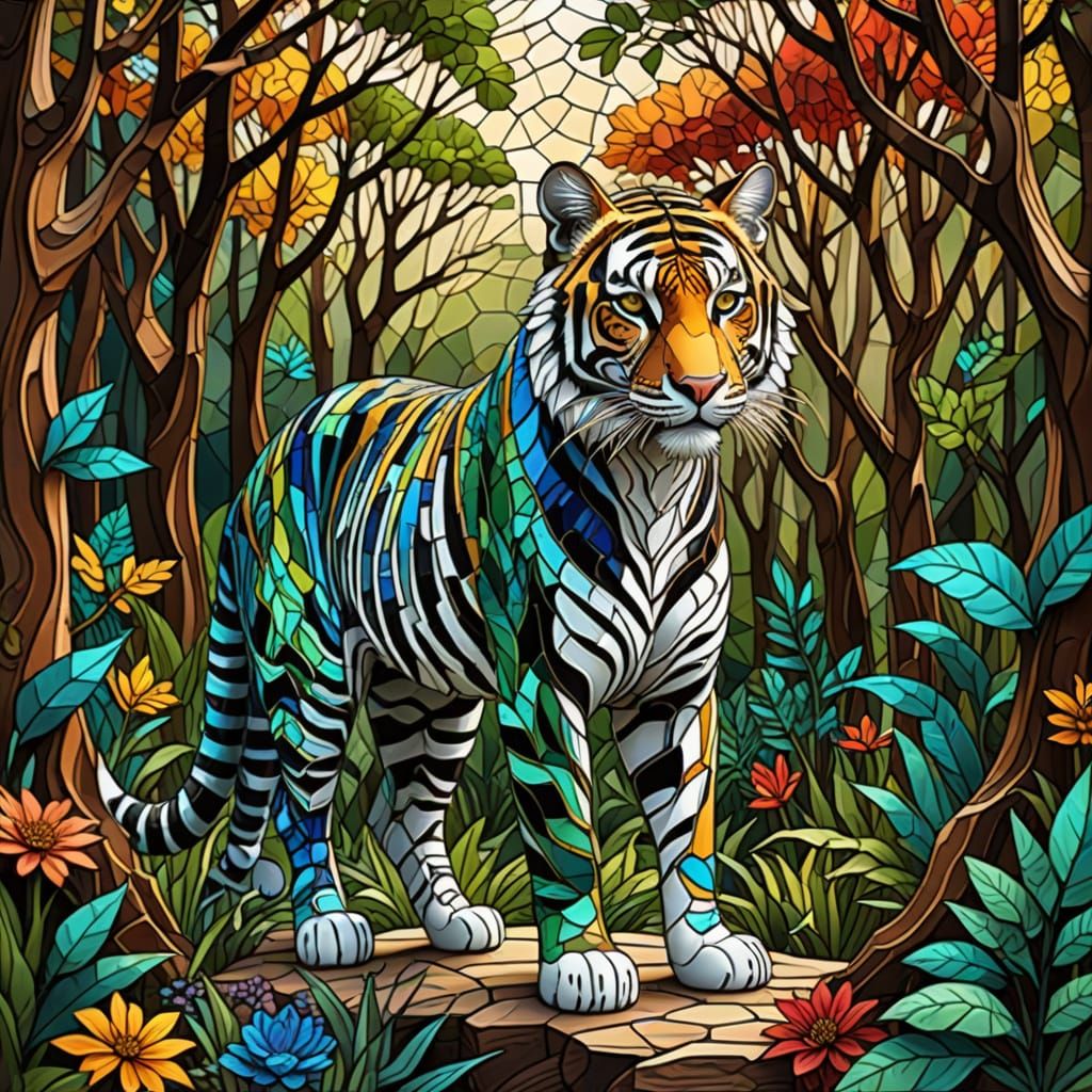 Vibrant Stained Glass Tiger in Woodland Landscape