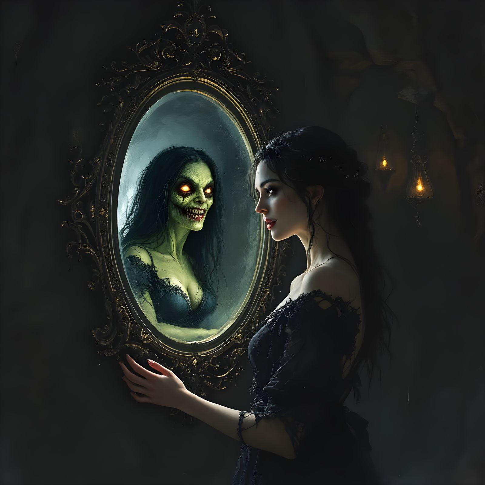 Eldritch Mirror Reflection in Dark Fantasy Style