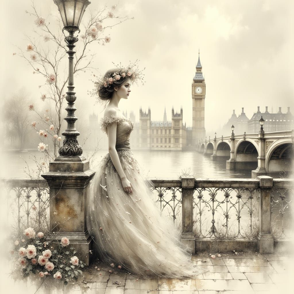 Surreal Rose-Adorned Woman by London River in Pencil and Cha...