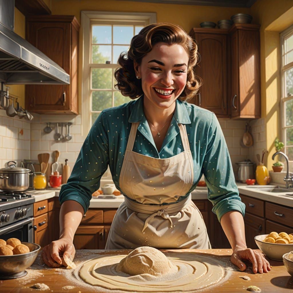 Happy Homemaker in a 1950s Kitchen, in Hyperrealistic Splash...