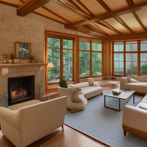 3D visualization of the living room in the style of a stone ...