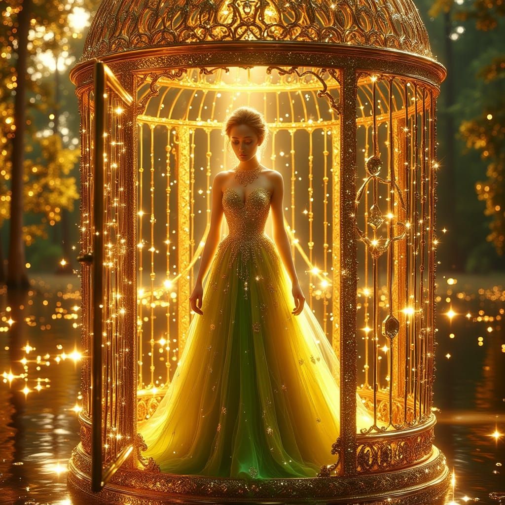 Ornate Golden Birdcage with Woman in Feather Gown