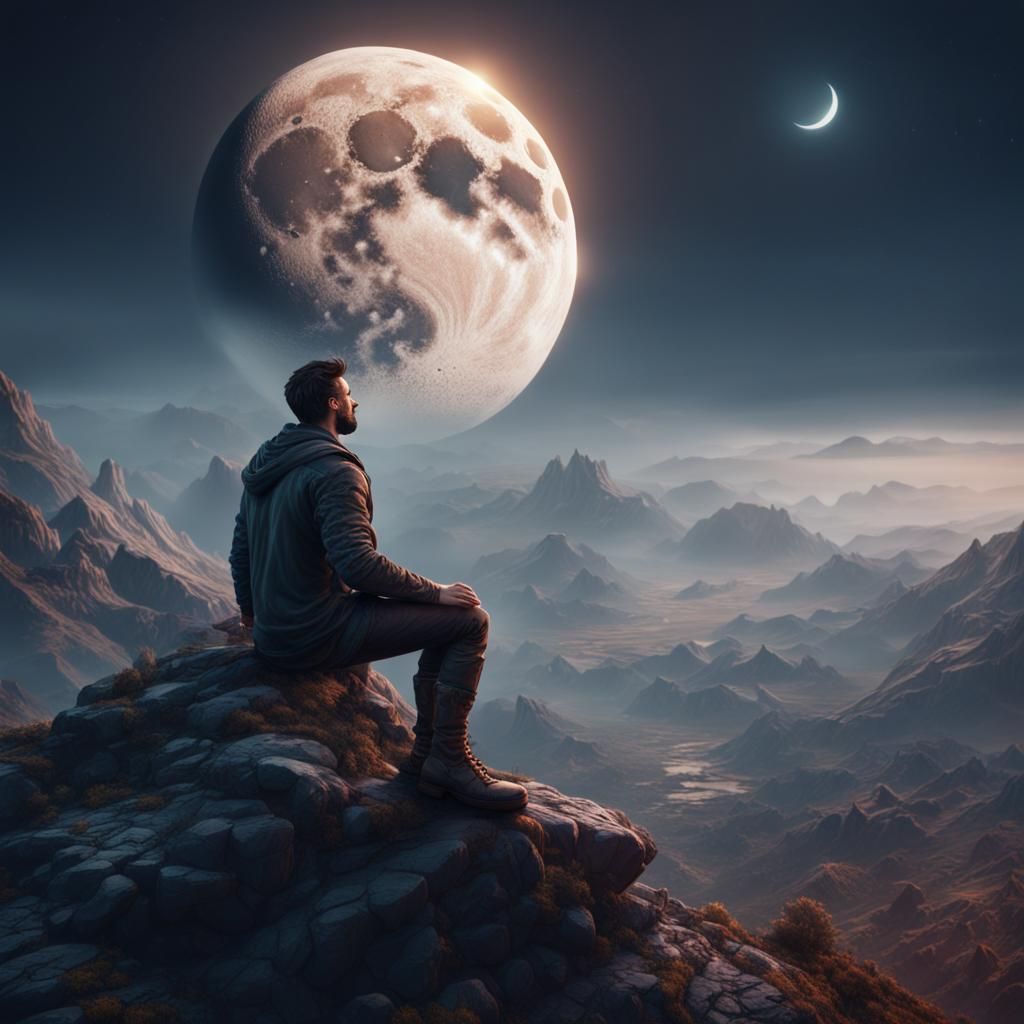 Man Thinking Under Moon: Detailed Matte Painting