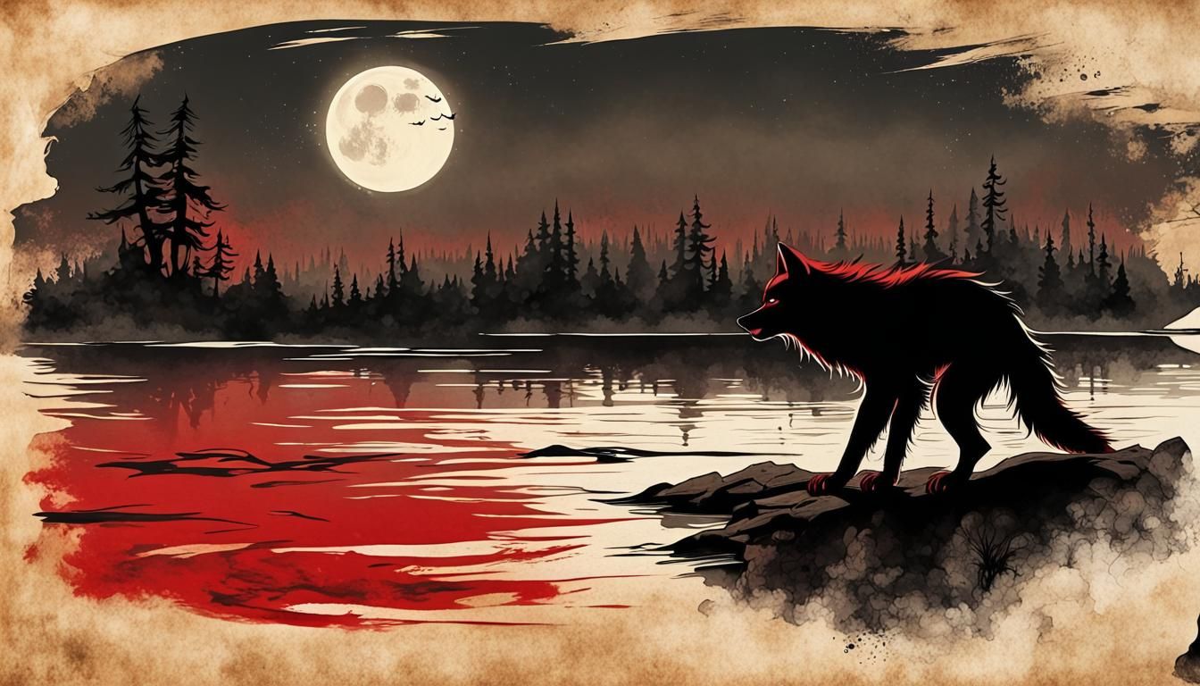 Werewolf Howling in Steampunk Ink Painting