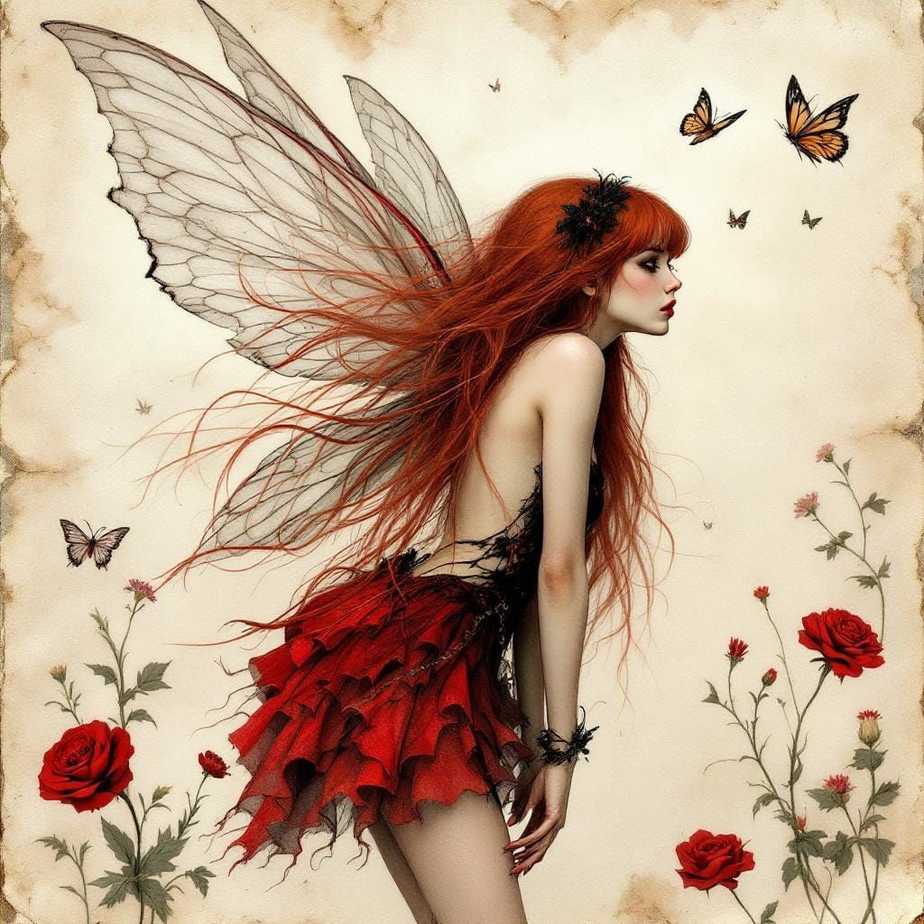 Ethereal Fairy with Flowing Red Hair on Papyrus