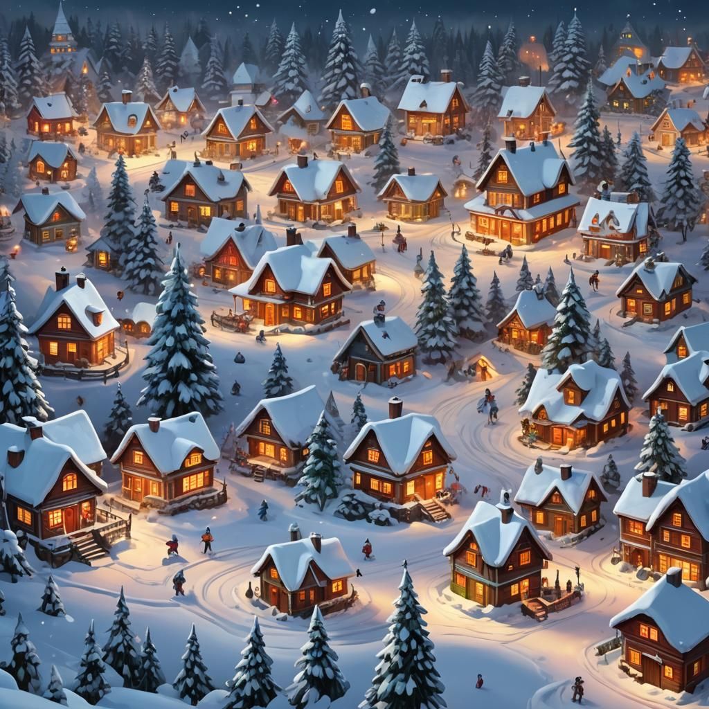 Festive Winter Village Scene in Hyperrealistic Splash Art
