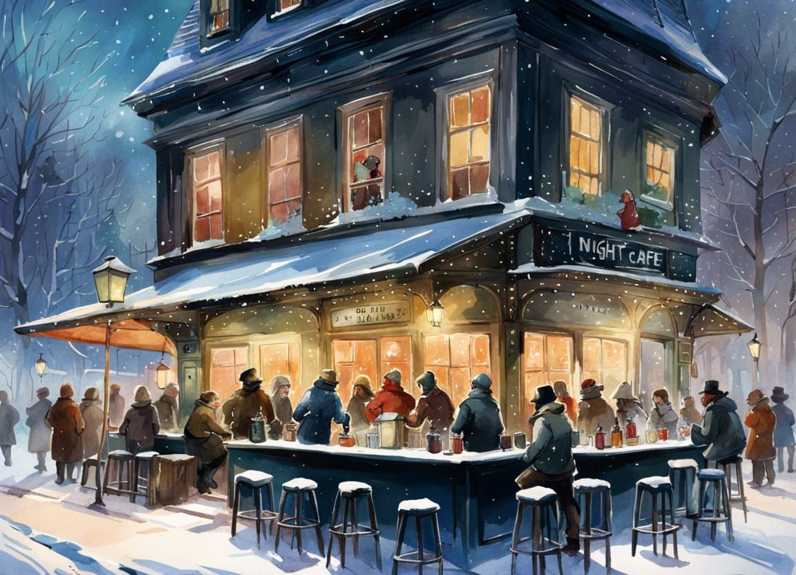 Night Cafe in Snowy Forest Watercolour Painting