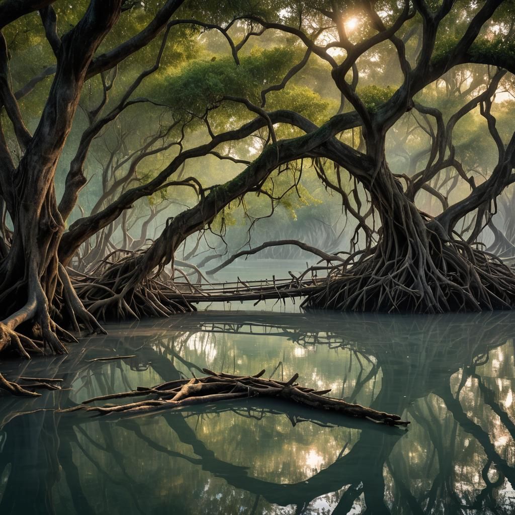 Mangrove Roots and Rowing Boat at Dawn