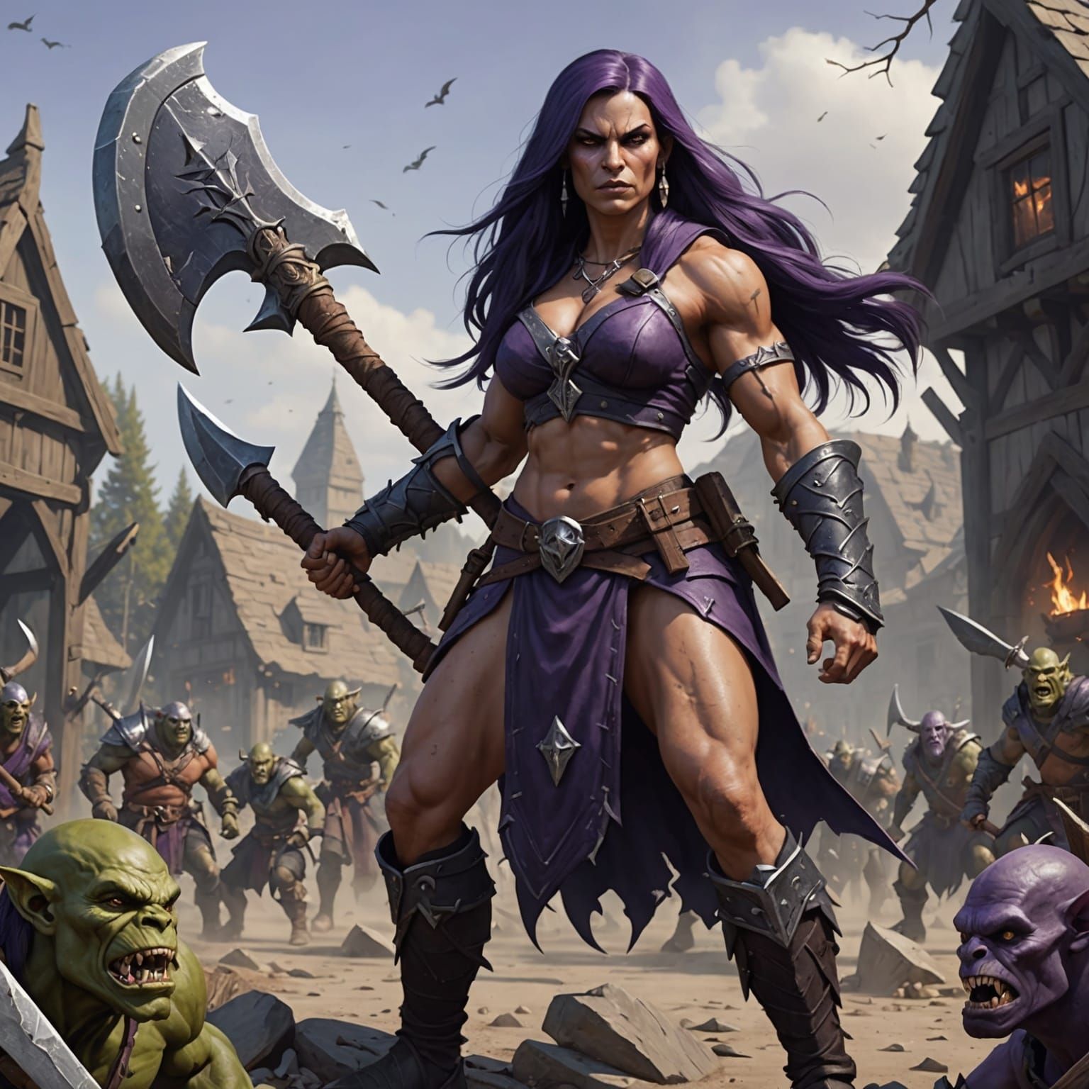 Goliath Barbarian Female Battles Goblins in Town