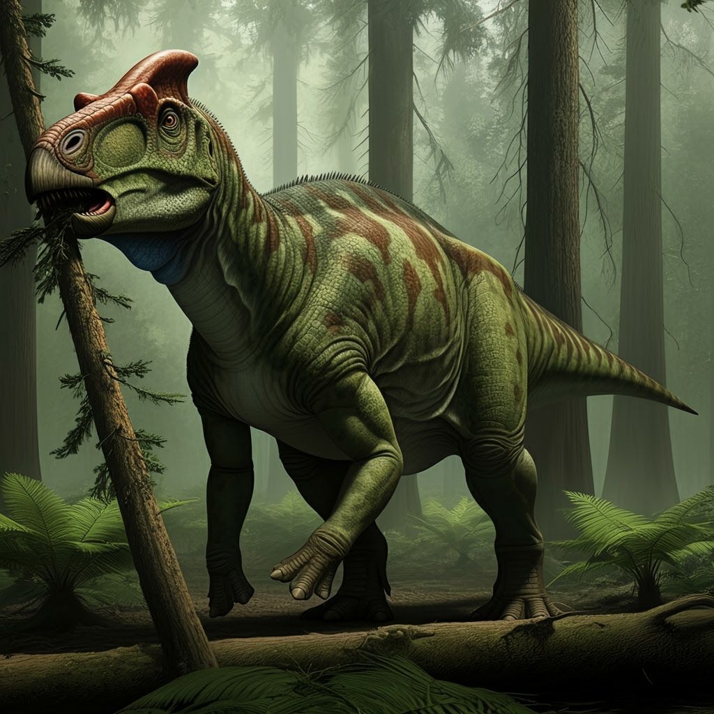 Hadrosaur in Jurassic Forest Eating Trees