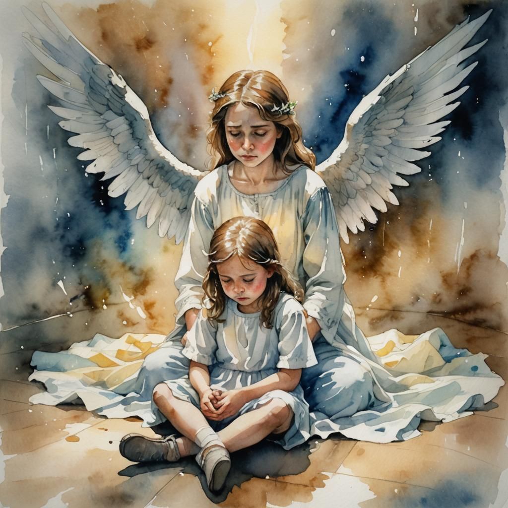 Crying Girl with Angel in Detailed Watercolor