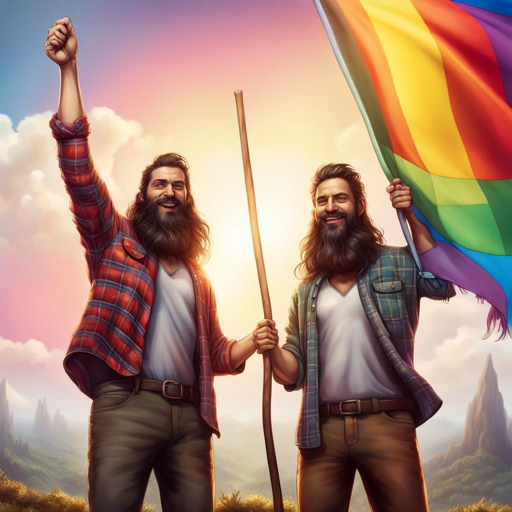 Happy Men with Rainbow Flag: Fantasy Concept Art
