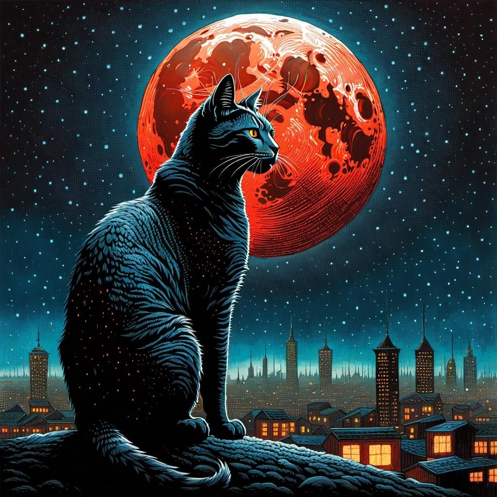 Bioluminescent Cyborg Robot Cat Under Blood Moon