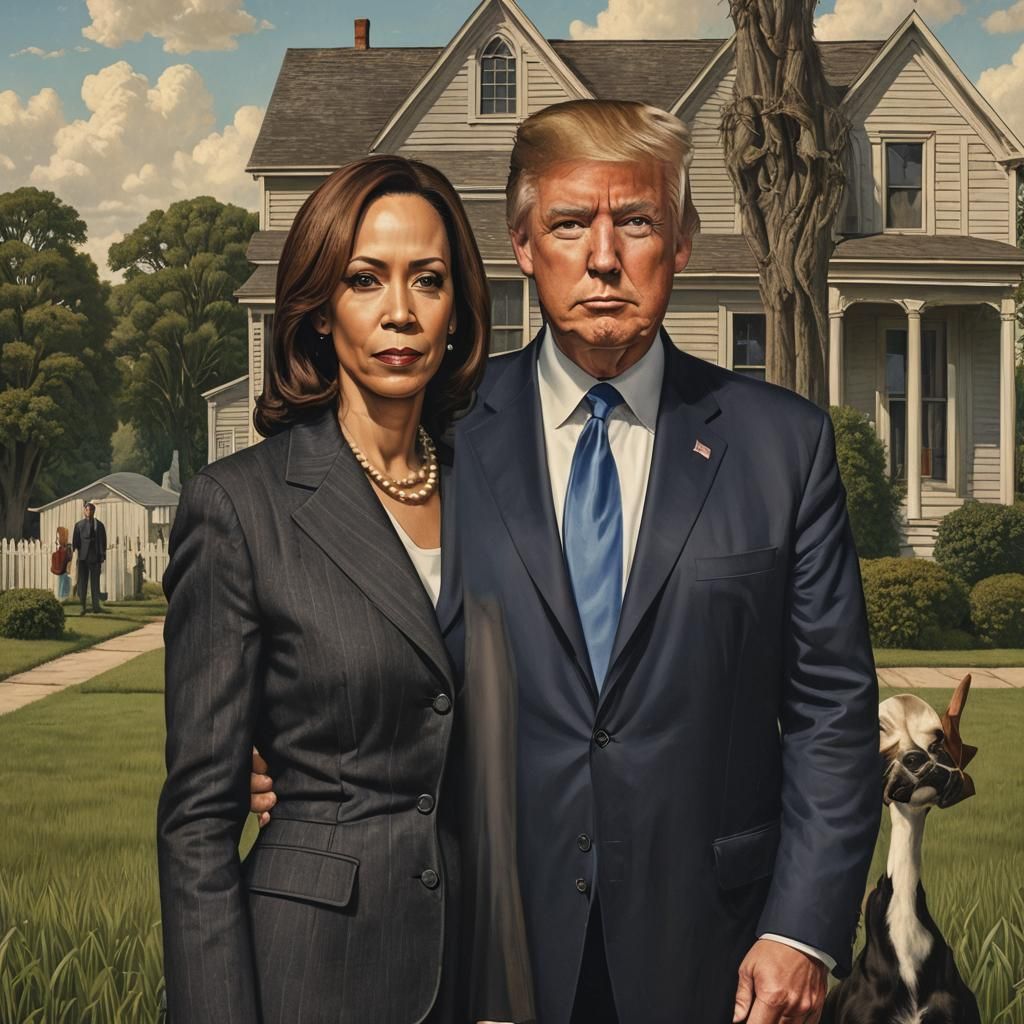Trump and Harris as American Gothic Painting