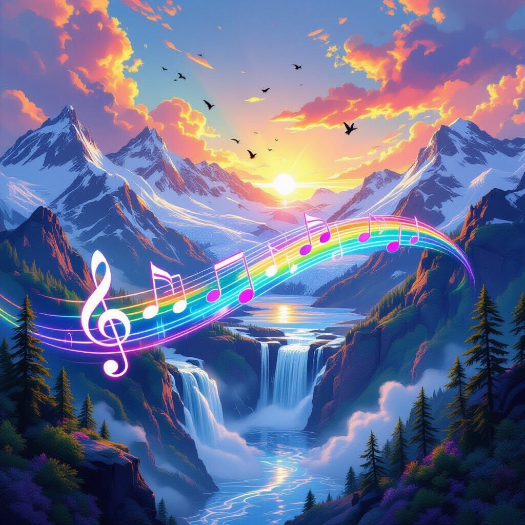 Majestic Mountain Landscape with Swirling Music Notes