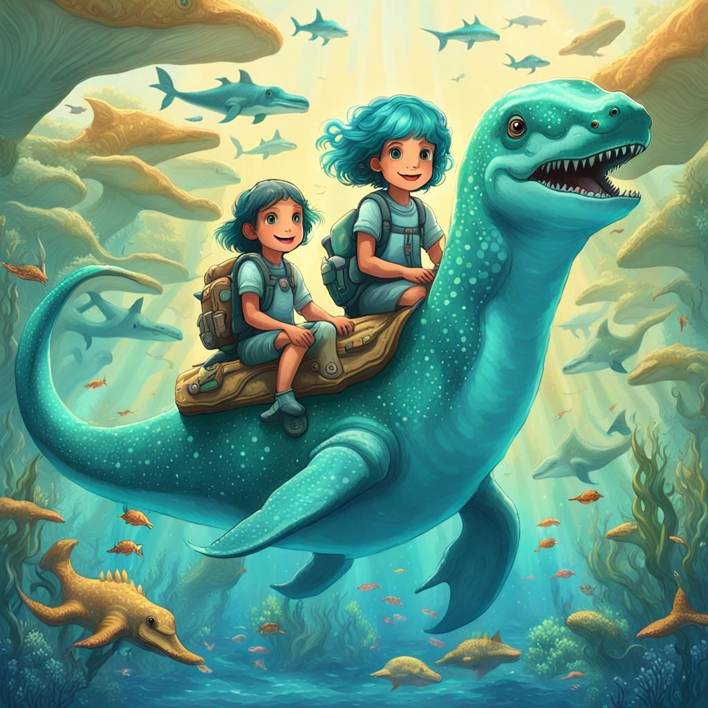 Cyan-Haired Girl Rides a Plesiosaur in Surreal Seascape