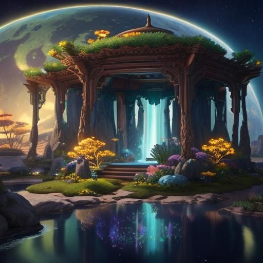 Futuristic Alien Zen Garden Under Cosmic Sky