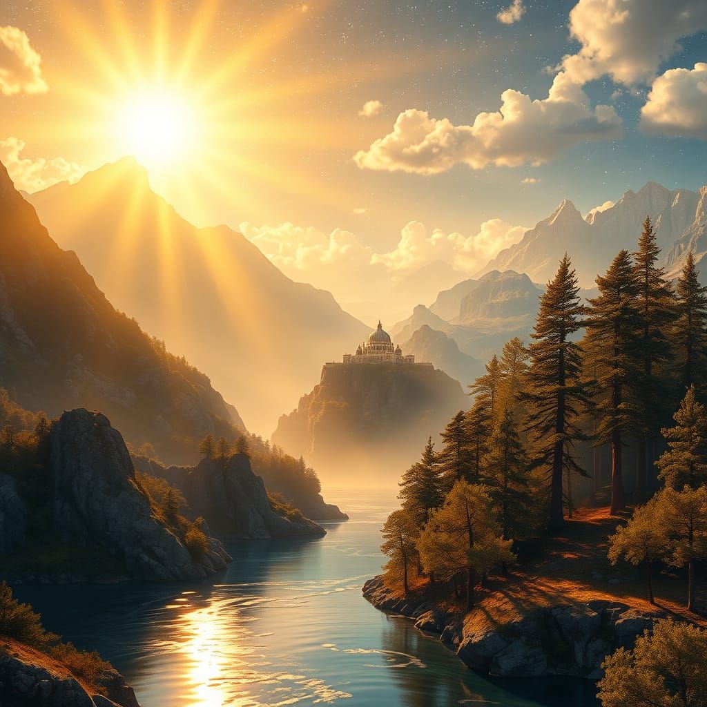 Divine Landscape at Creation's Dawn, Golden Light on Mountai...