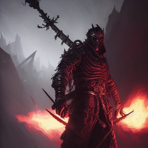 Wraith Crusader with Flaming Sword in Dark Fantasy Style