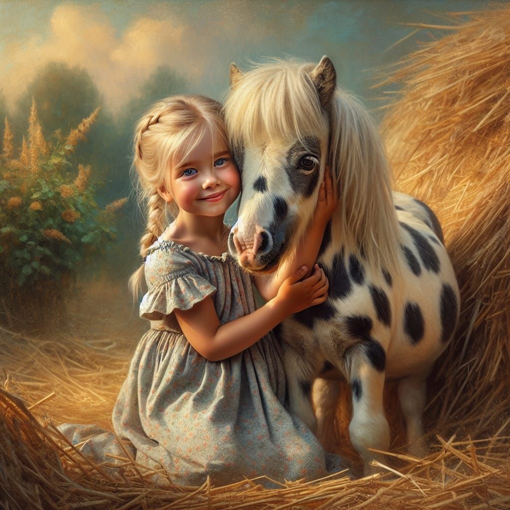 Girl and Pony in an Idyllic Landscape Painting