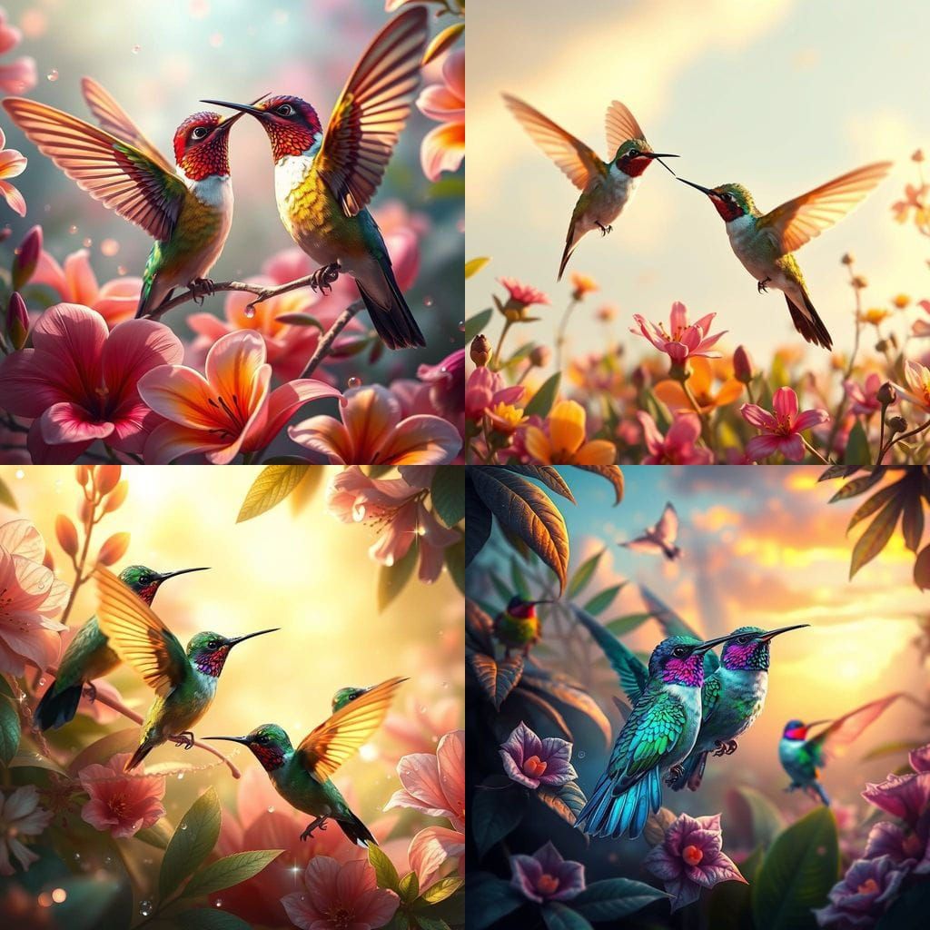Vibrant Hummingbirds in a Fantastical Landscape