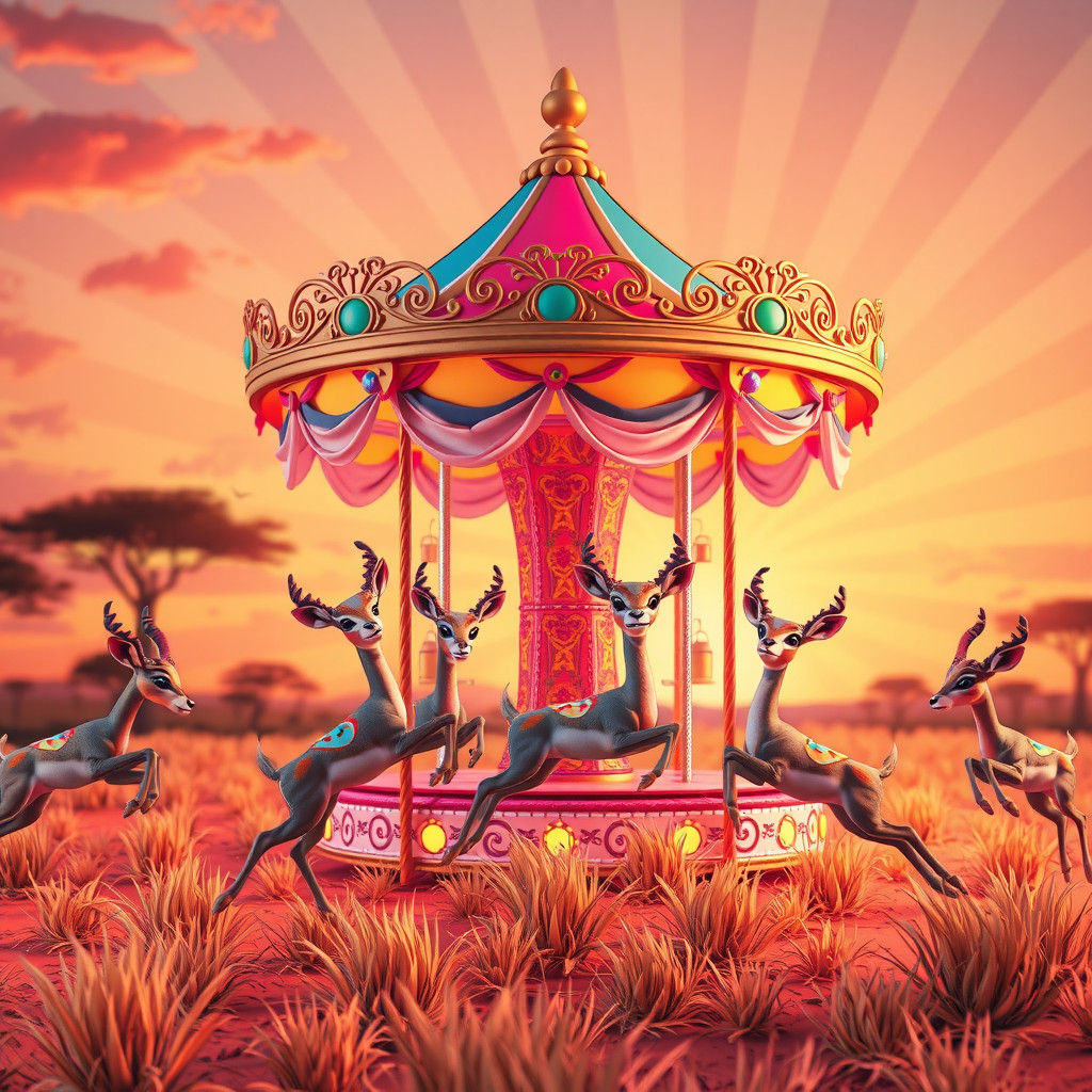 Playful Gazelles Dance Around Whimsical Swing-Carousel