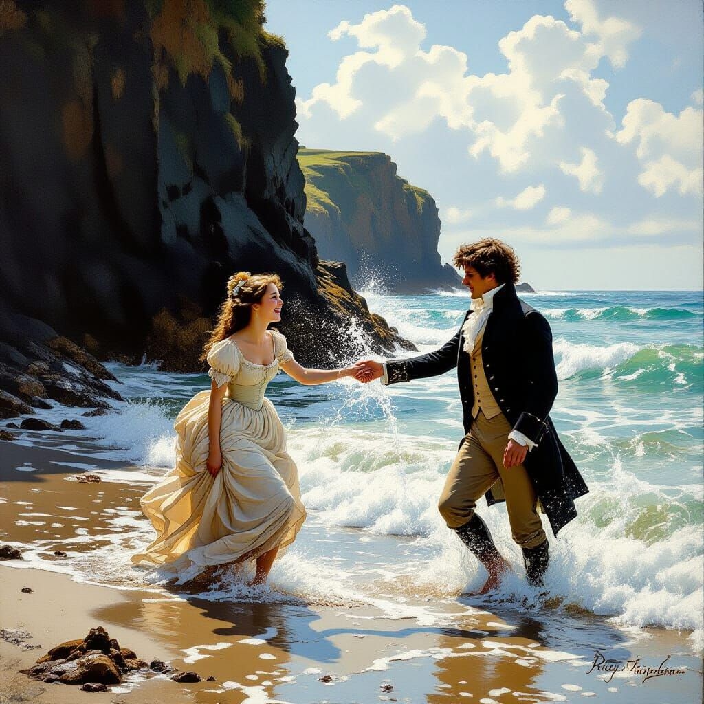 Regency Couple Playful on Coastline in Pre-Raphaelite Style
