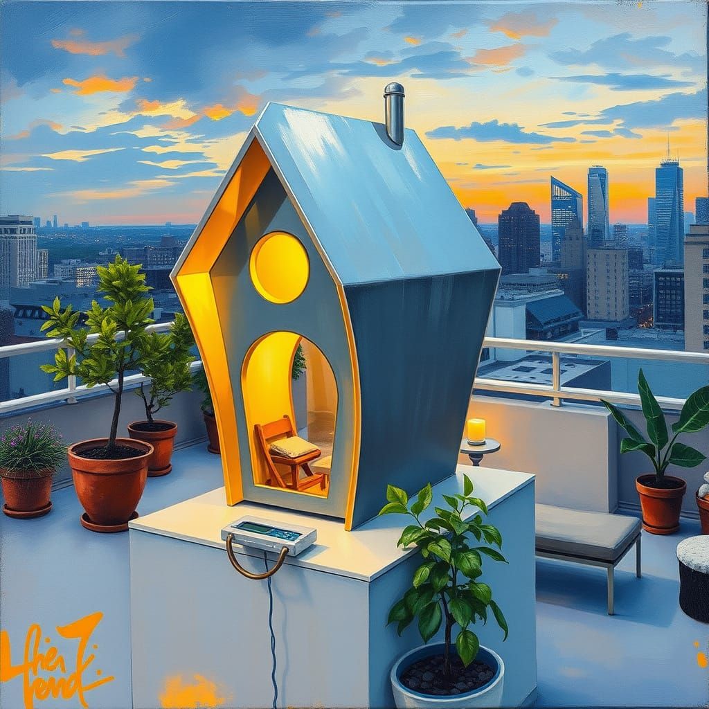 Futuristic Birdhouse on Rooftop Garden in Gouache Style