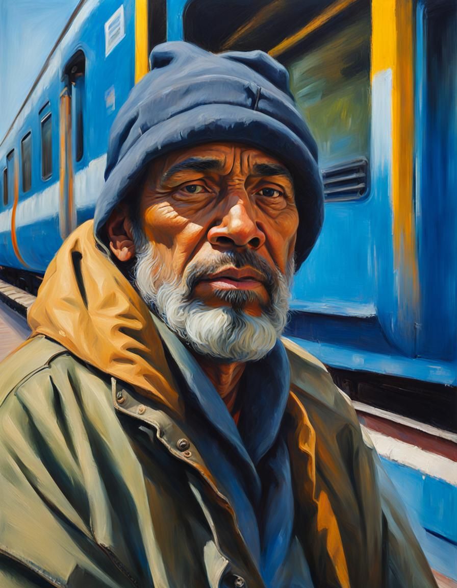 Homeless Man Waiting: Oil Painting Portrait