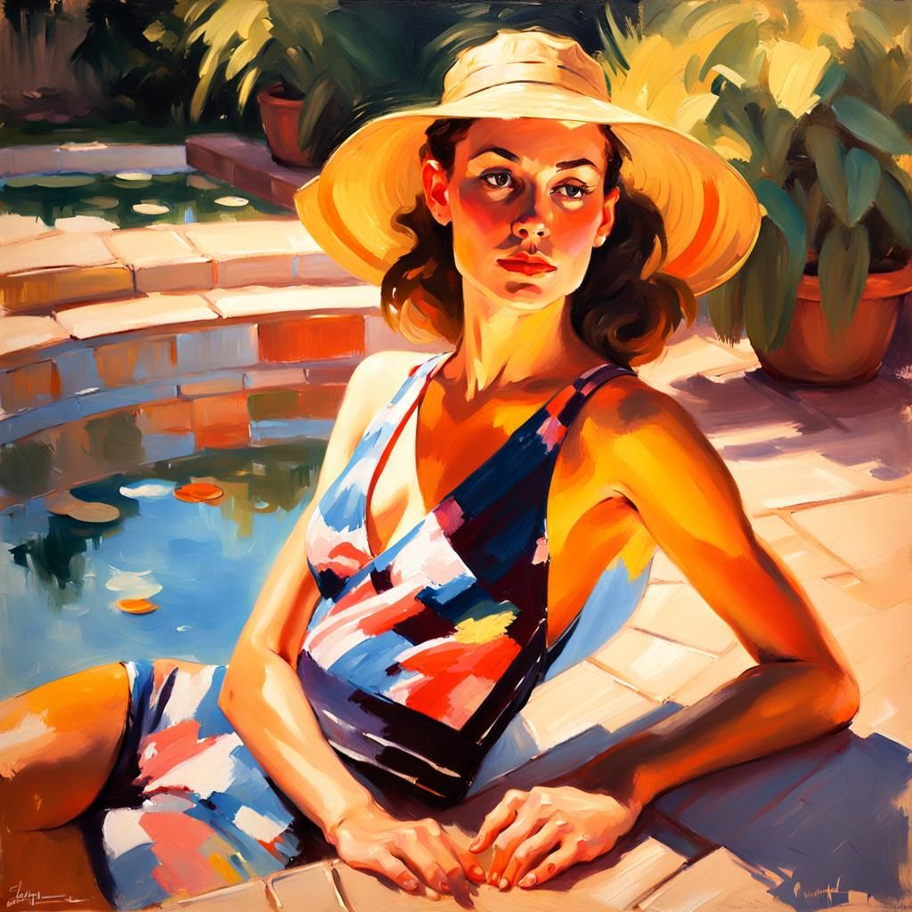 Woman by Pool in Impressionistic Oil Painting
