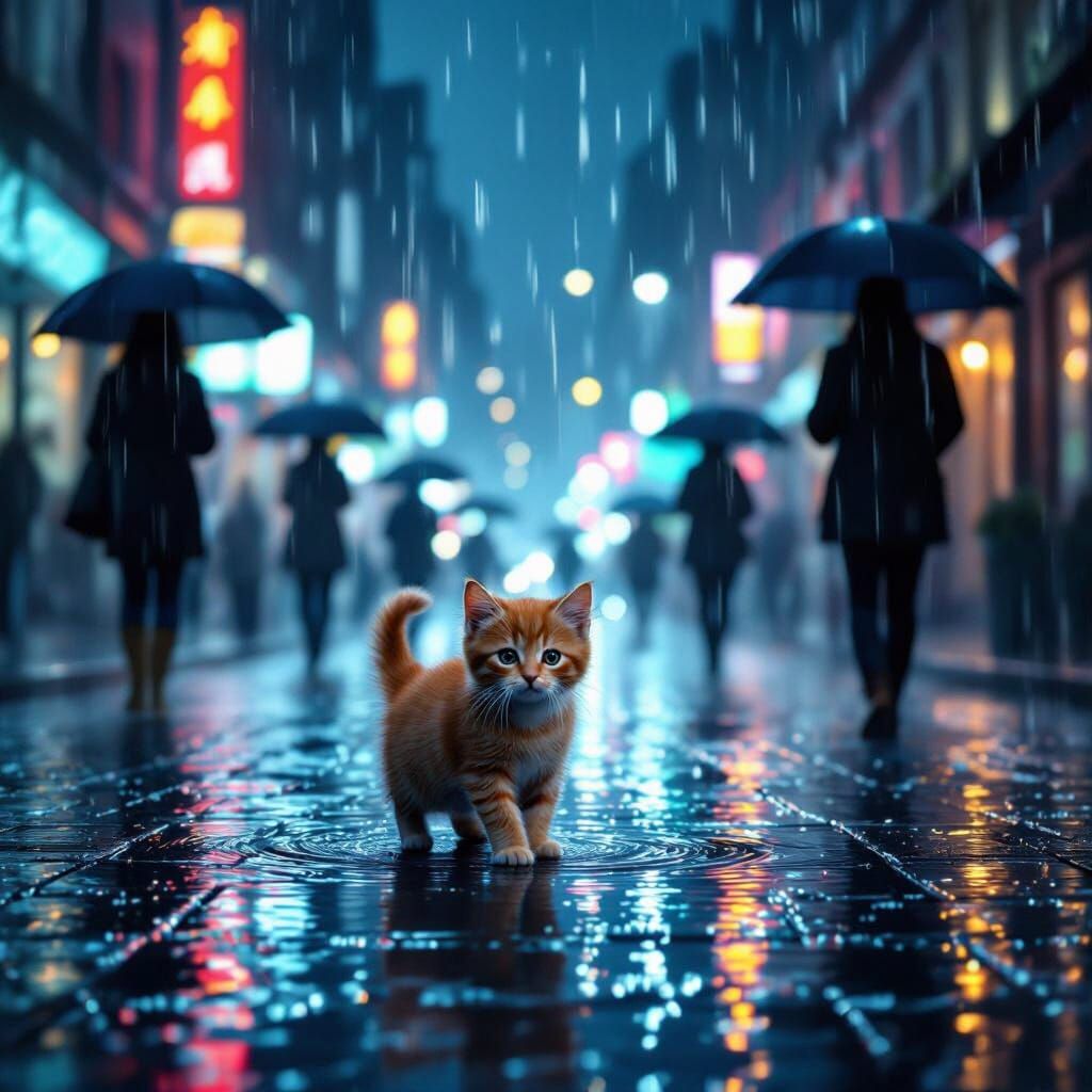 Scared Kitten Navigates Rainy City Streets