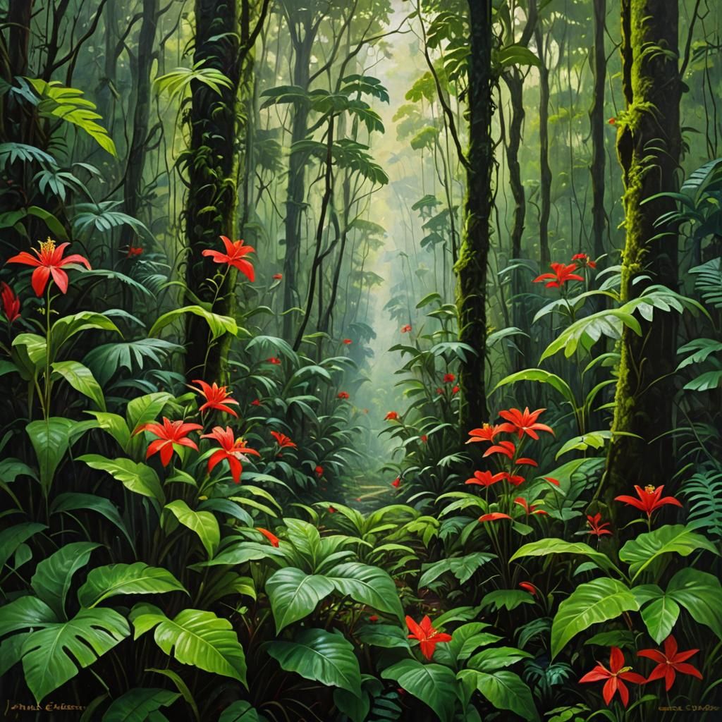 Red Flowers in Rainforest, Oil Painting Style