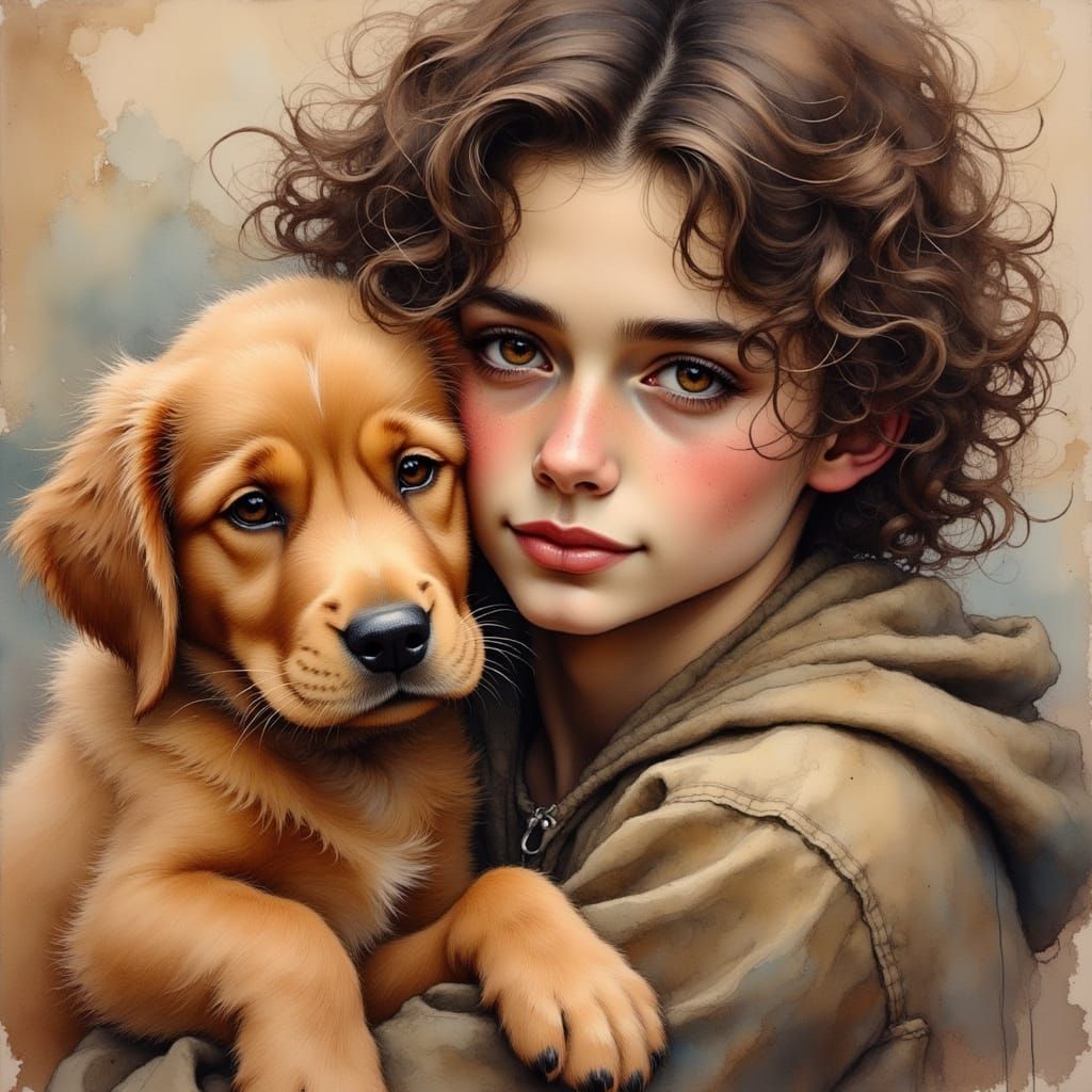 Man and Puppy Embrace: Ink Poet Style