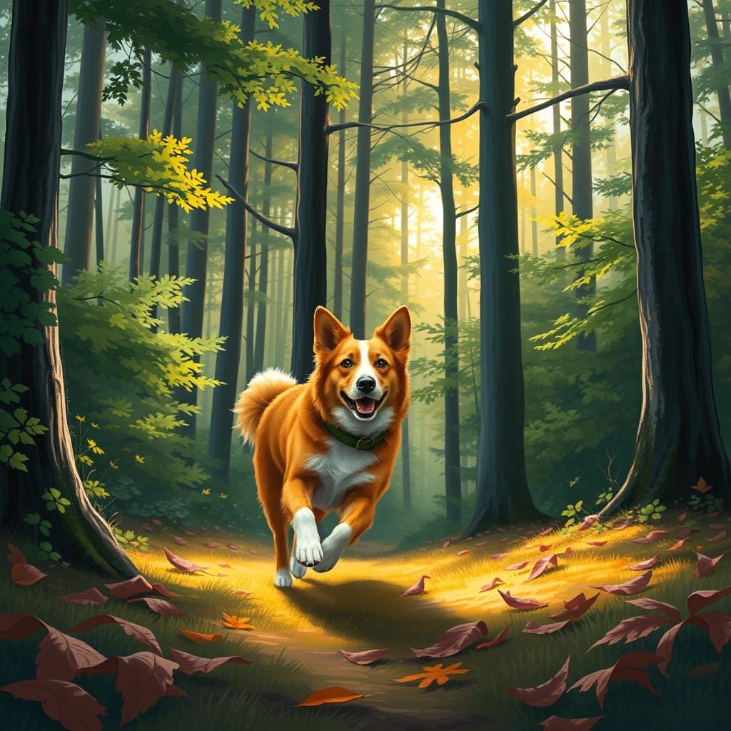 Border Collie Runs Through Sunlit Forest, Whimsical Art