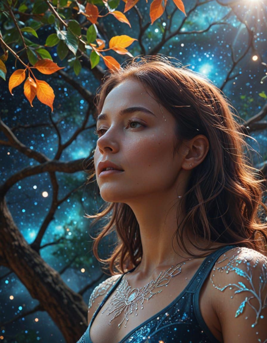 Meditating Woman Under Cosmic Tree of Life