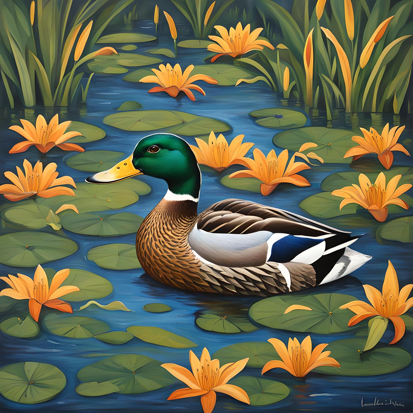 Colourful Mallard Duck in Lily-Filled River